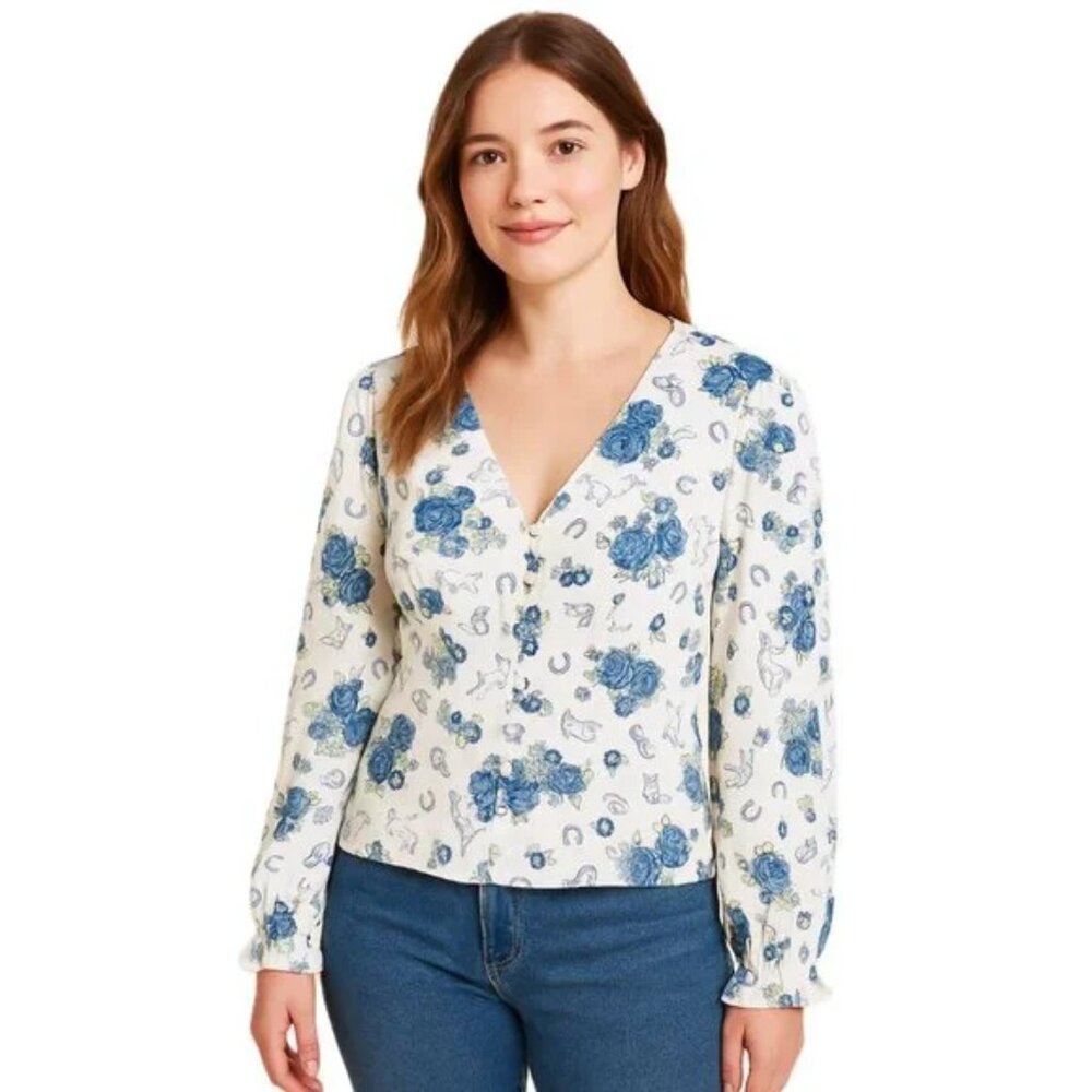 ModCloth Rodeo Rose Button Up Top Blouse Womens Large White Blue Green‎ Western